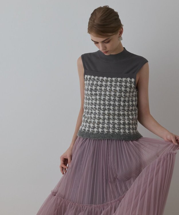 GRACE CONTINENTAL ツイードベアニットトップ グレー