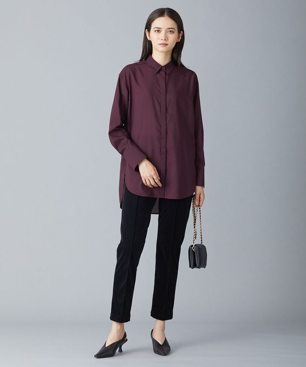 ICB 【洗える】トリアセコットンシアー ロングシャツ バーガンディ系