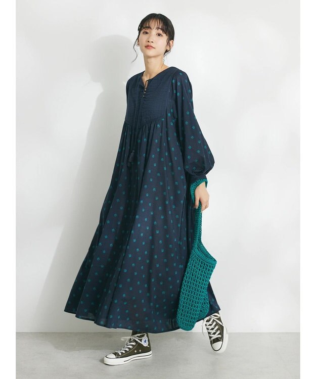 CRAFT STANDARD BOUTIQUE インド綿混キルト切替花柄ワンピース Navy