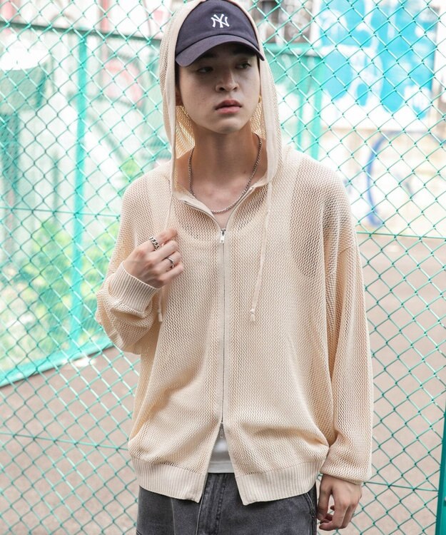 WEGO 【ユニセックス着用ITEM】メッシュニットZIPパーカー ホワイトアイボリー