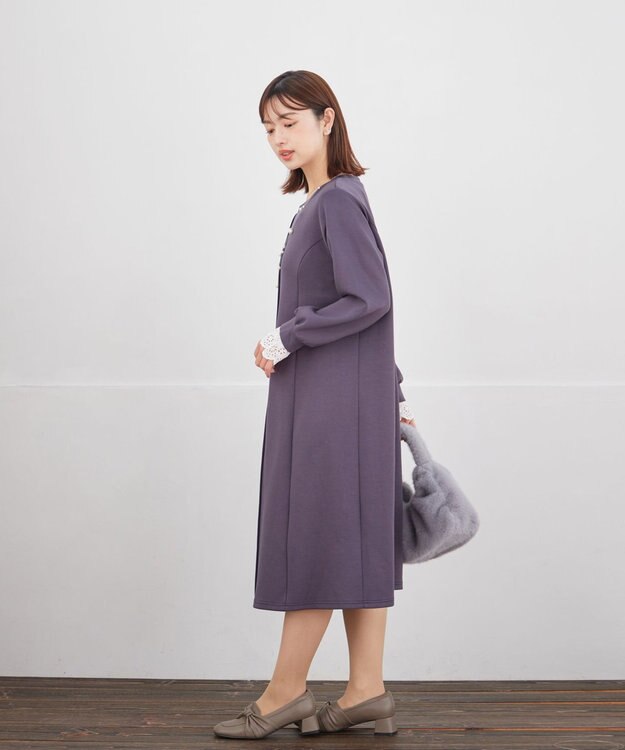 Tiaclasse コットンレースドッキングカットソーワンピース チャコールグレー