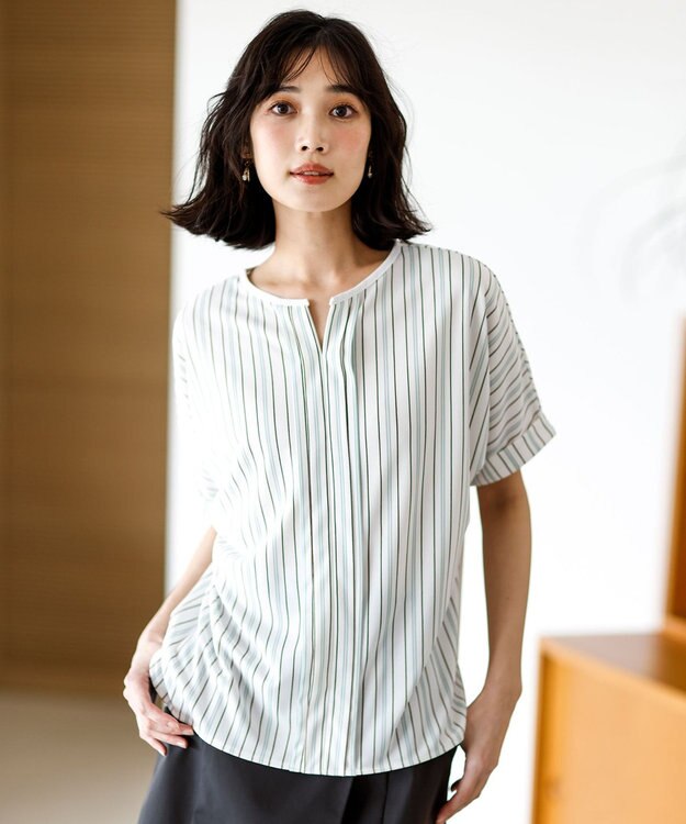 ANY SIS ジョーゼットフロントタック プルオーバー オフストライプ