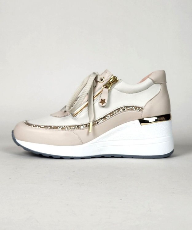 Dominic3 ヒールアップ グリッタートリム サイドジップスニーカー ベージュ