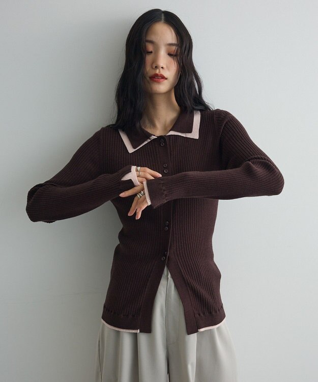 Green Parks 配色レイヤードポロリブニットカーディガン Brown