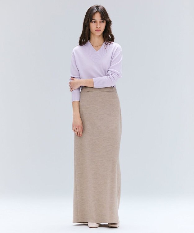 BEIGE， 【洗える】POMPE / ウールカシミヤ配色ラインVネックニット Lilac×Taupe