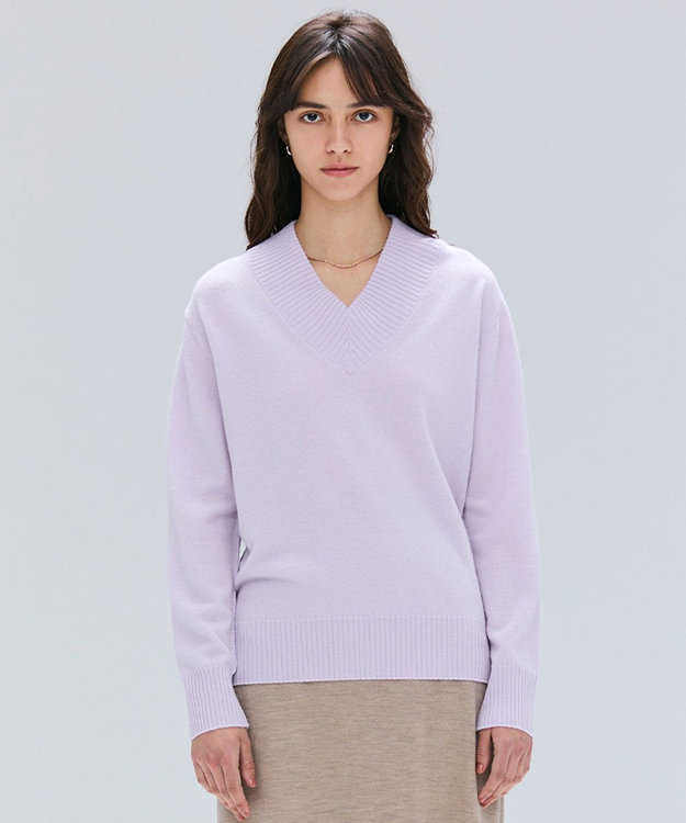 BEIGE， 【洗える】POMPE / ウールカシミヤ配色ラインVネックニット Lilac×Taupe