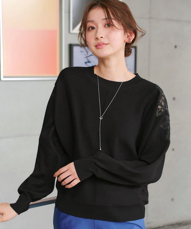 Tiaclasse 肩レースドルマンニットトップス ブラック