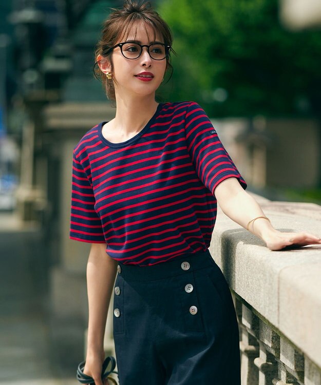 23区 【洗える】Armor-lux スムース 半袖 カットソー レッド×ネイビーボーダー