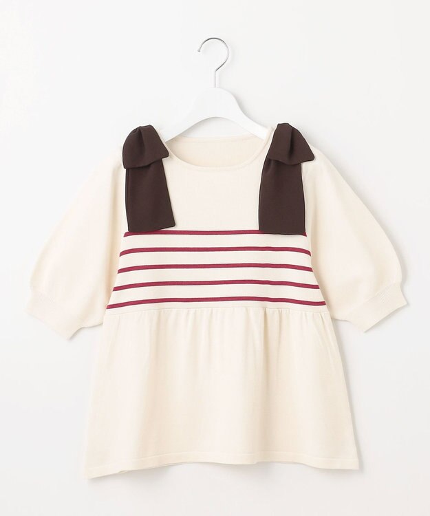 Feroux 肩リボン ペプラムニット ピンク系ボーダー