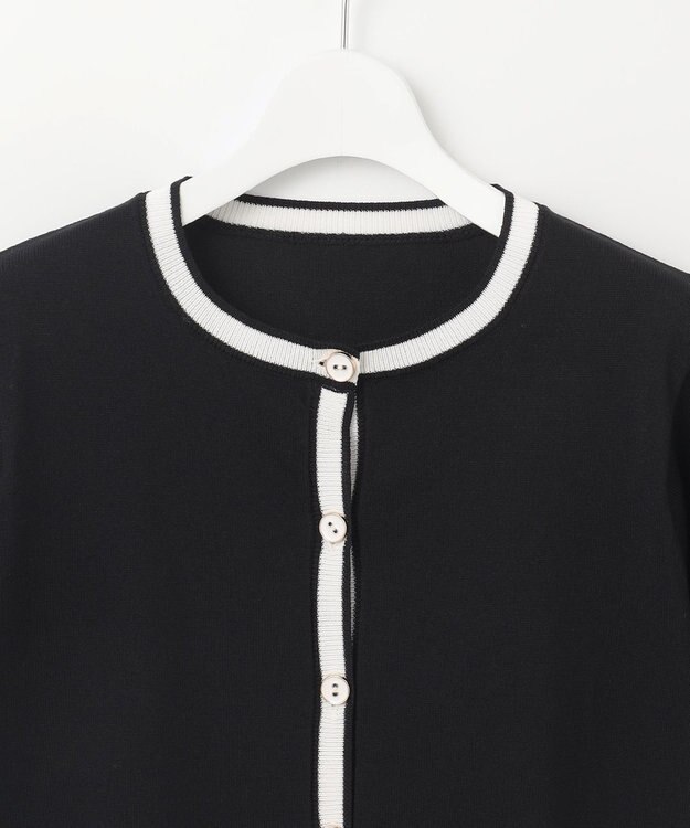 Feroux 【洗える】バイカラーハーフスリーブ カーディガン ブラック系