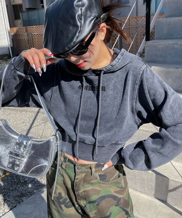 WEGO グラフィックアシッドウォッシュショートプルパーカー 柄1