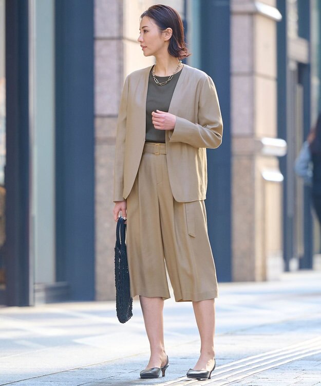 自由区 【XSサイズ～/洗える/セット可】キュプラリネンシャンタン ノーカラージャケット ベージュ系