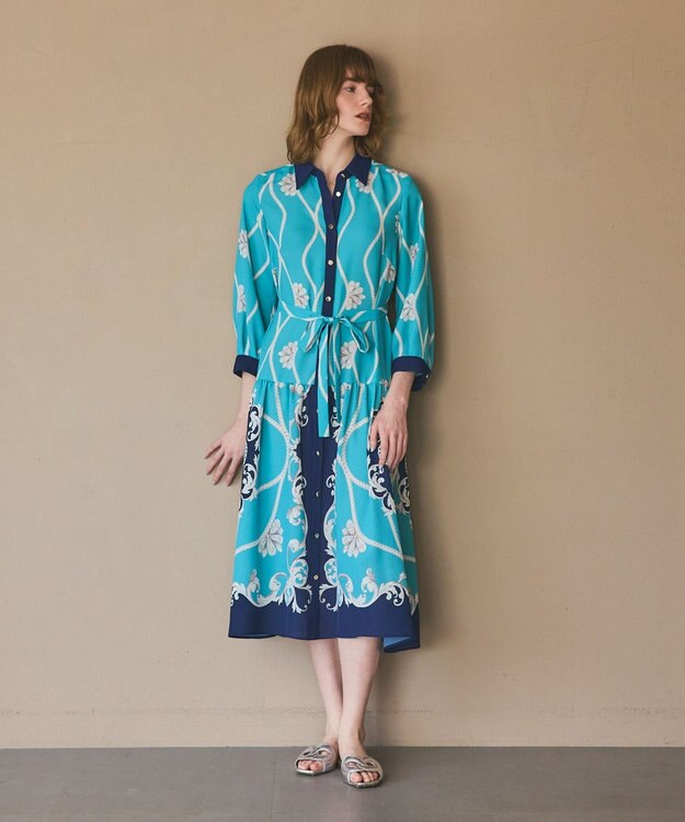 GRACE CONTINENTAL スカーフプリントシャツワンピース ブルー