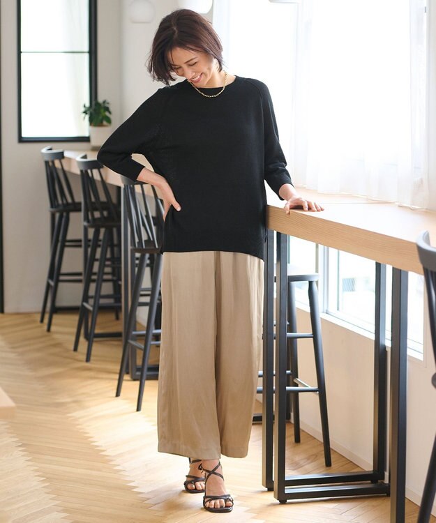 自由区 L 【WEB限定・ウエストゴム・長さ調整可・洗える】ビンテージサテン ワイドパンツ キャメル系