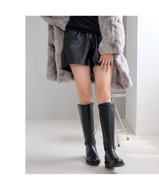 Pointer 本革ベルトデザイン 裏起毛 ロングブーツ ブラック