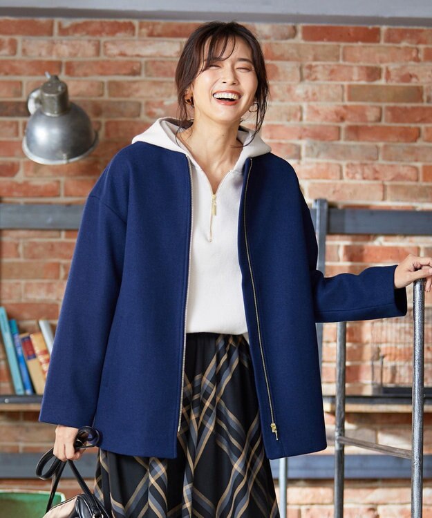 ANY ファイバーウール ノーカラーコート ブルー