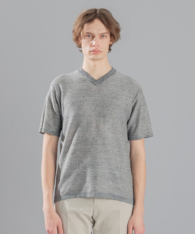 JOSEPH HOMME リネンヘリンボン　Vネックニット ライトグレー系3