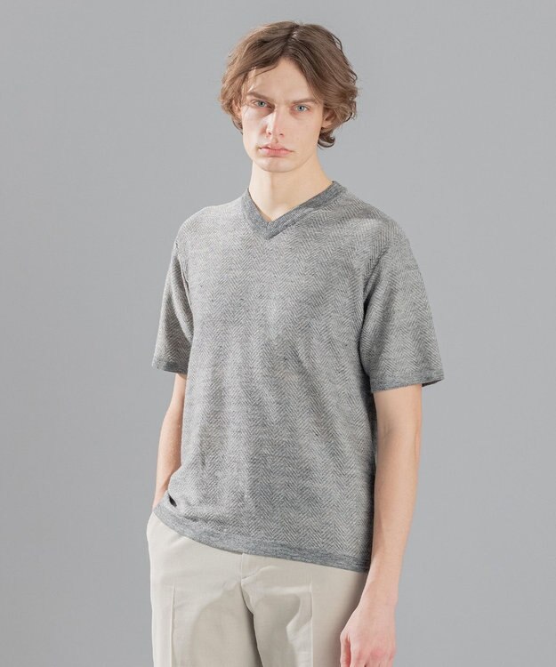 JOSEPH HOMME リネンヘリンボン　Vネックニット ライトグレー系3