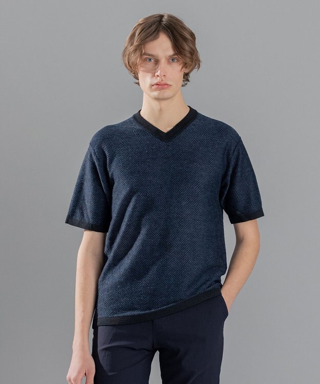 JOSEPH HOMME リネンヘリンボン　Vネックニット ネイビー系3