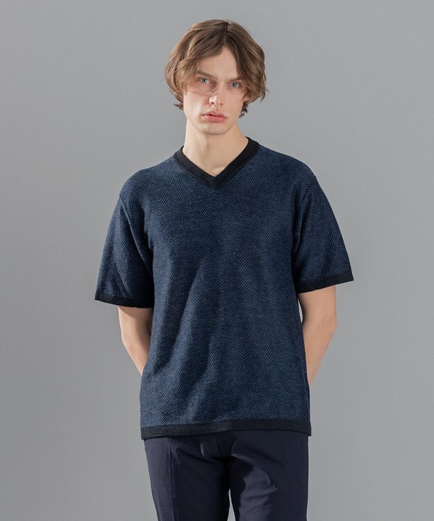 JOSEPH HOMME リネンヘリンボン　Vネックニット ネイビー系3