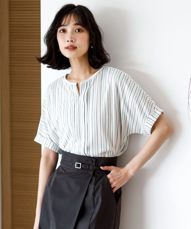 ANY SIS ジョーゼットフロントタック プルオーバー オフストライプ