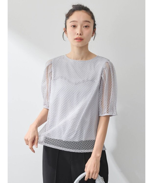 earth music&ecology 袖シアーレースプルオーバー Grayish Blue