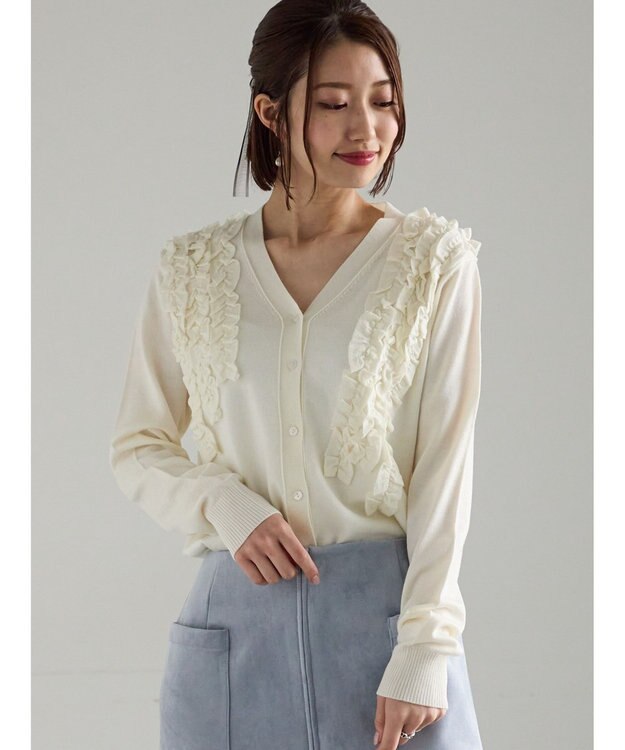 Te chichi フリルVネックカーディガン オフホワイト