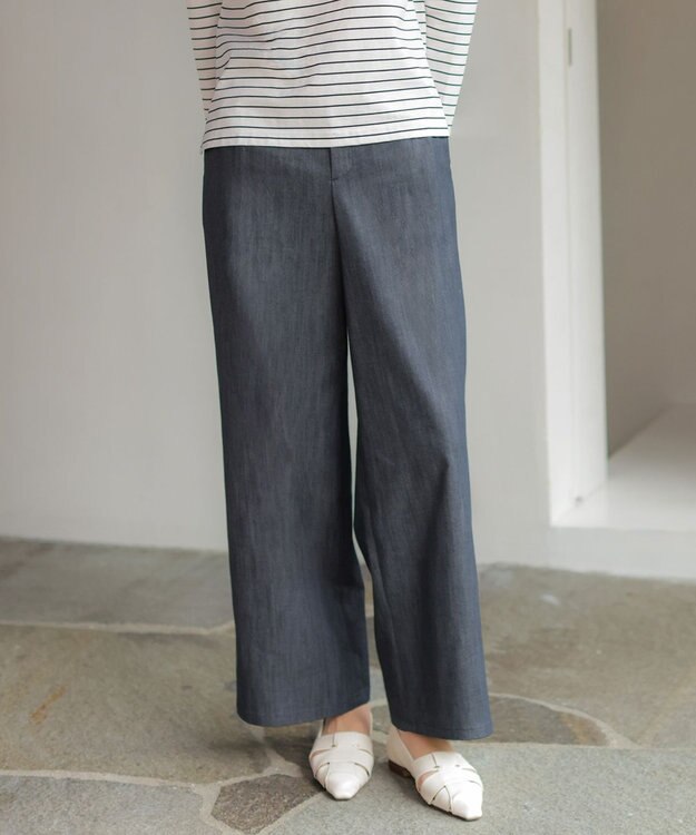 J.PRESS LADIES L セルロースシャンブレー セミワイド パンツ ネイビー系