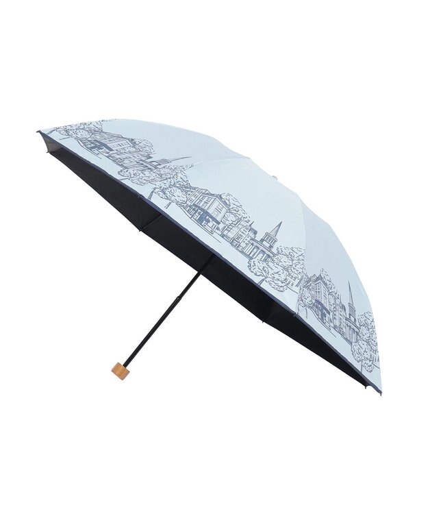 MOONBAT 【遮光100%/収納バッグ付き】SOLFEGE MODE  晴雨兼用 折りたたみ日傘 街並プリント サックスブルー