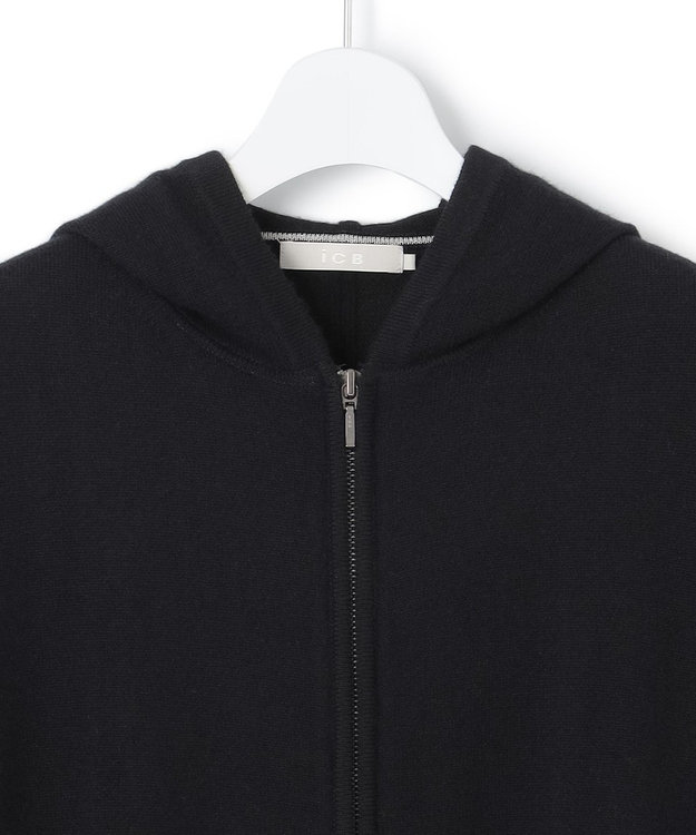 ICB L 【洗える】ソフトカシミヤミックス ジップアップ ニットパーカー ブラック系