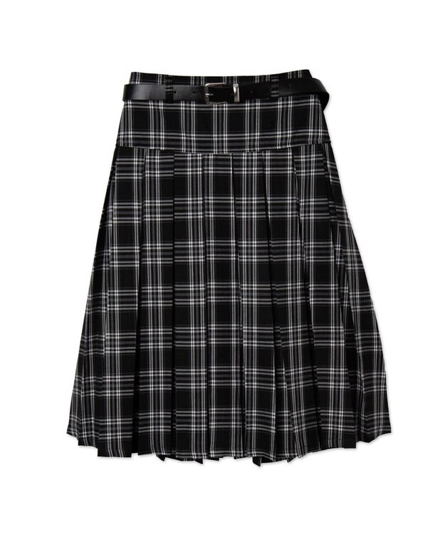 WEGO ベルト付プリーツミドルスカート ブラックチェック1