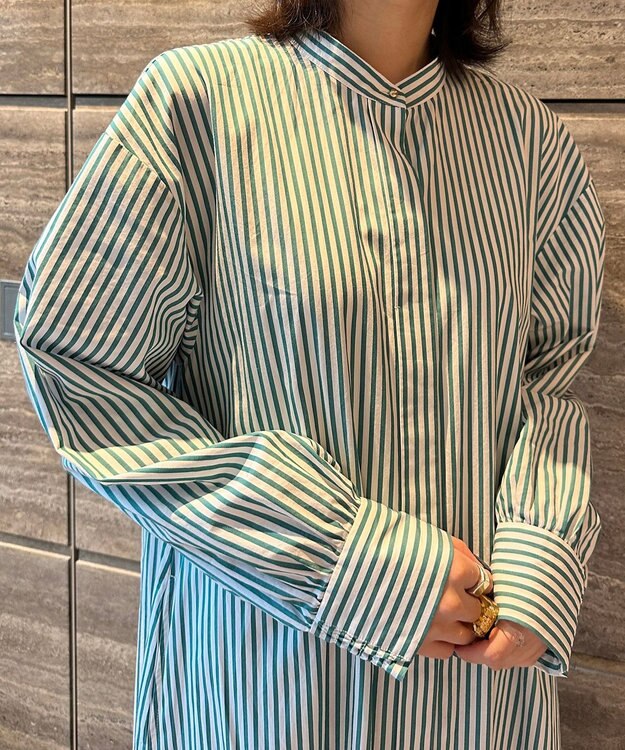 UNFILO 【洗える】イージーケア シャツワンピース グリーン×ホワイト