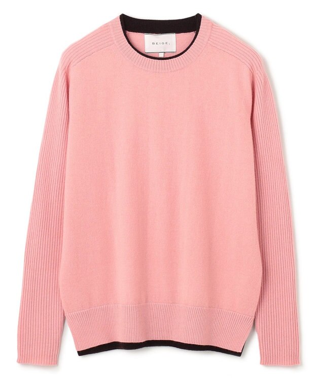 BEIGE， 【洗える】POMPE / ウールカシミヤ配色リブクルーネック Pink×Bordeaux