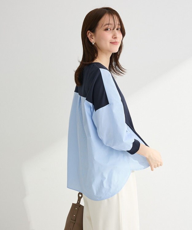 Green Parks ７分袖サイドシャーリングドッキングプルオーバ Navy