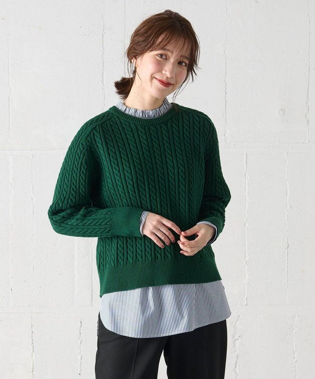 ANY L 【洗濯機可】クロップド丈ケーブルニット グリーン
