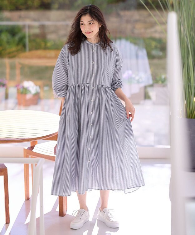 ANY 【手洗い可能】【ペチコート付】ギャザーシャツワンピース ブルーストライプ