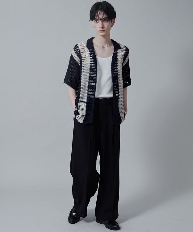 WEGO マルチストライプニットシャツ（S） ネイビー