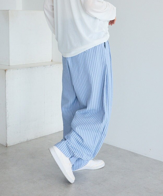 CRAFT STANDARD BOUTIQUE ベルトデザインワイドパンツ Stripe Sax