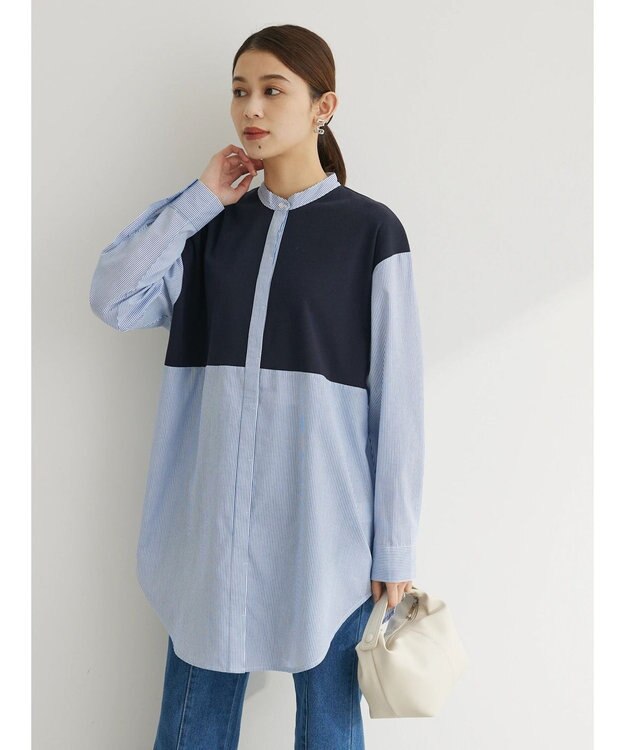 Green Parks 比翼カットドッキングチュニック Stripe Sax