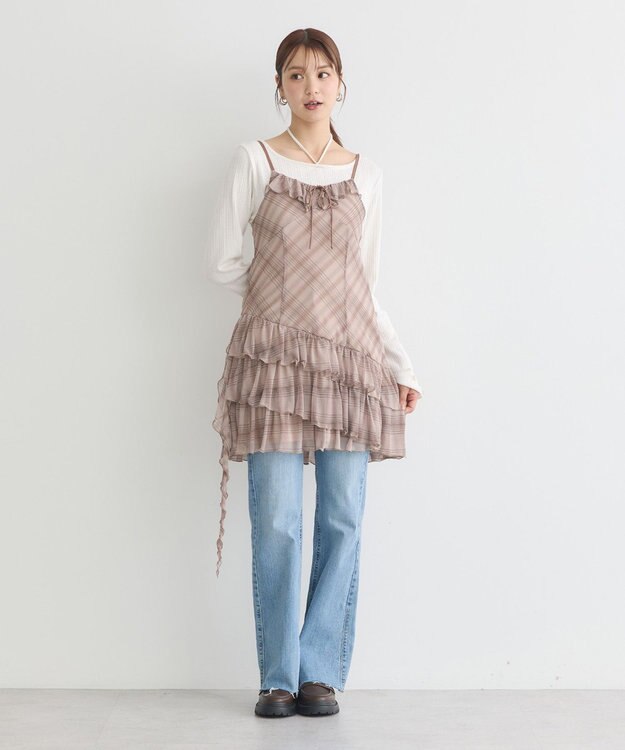 earth music&ecology フロントリボンチェックミニキャミワンピース Check Brown