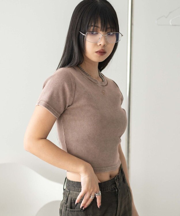 WEGO ヴィンテージウォッシュワンポイントリブT ブラウン