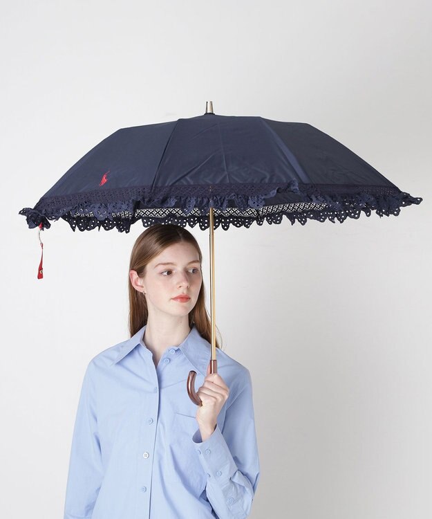 MOONBAT 【遮光/晴雨兼用日傘】POLO RALPH LAUREN（ポロラルフローレン） 折りたたみ日傘 エンブフリル 遮熱 UV ディープブルー