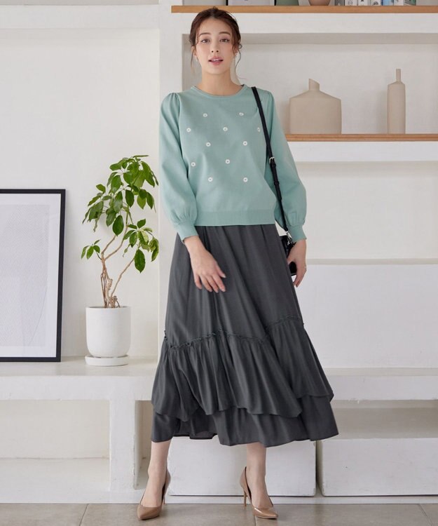 Tiaclasse 【洗える】フラワー刺繍ニットトップス ミント