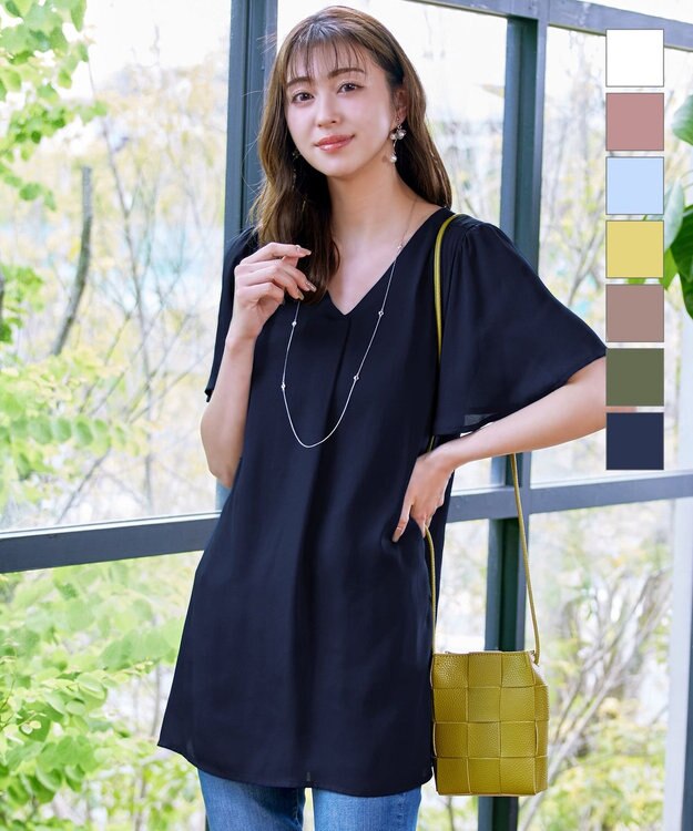 Tiaclasse フレアスリーブチュニックブラウス ネイビー