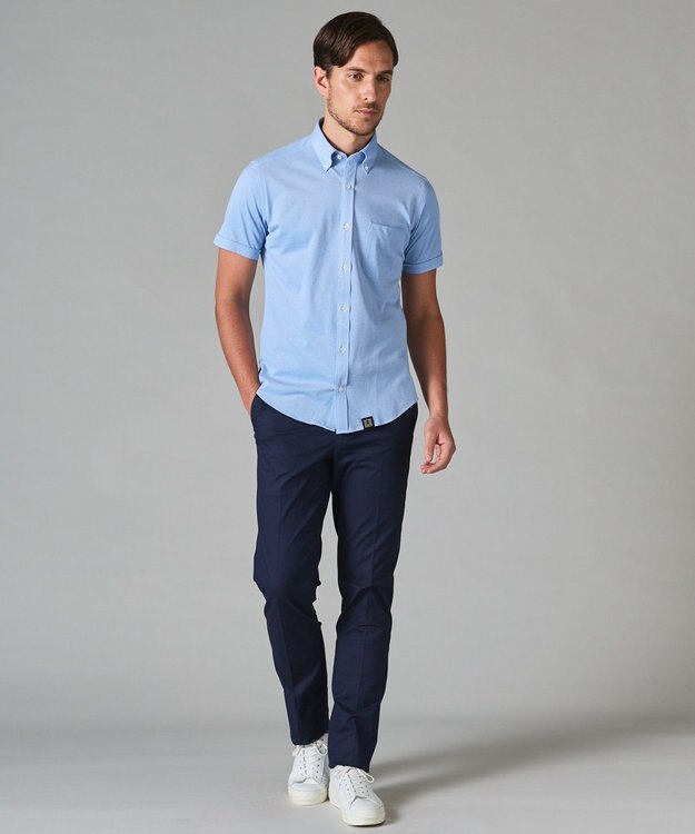 GOTAIRIKU 【吸汗速乾】クールマックス鹿の子 半袖ビズシャツ_ボタンダウン サックスブルー系