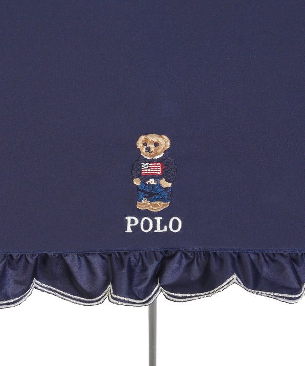 MOONBAT 【WEB限定/遮光率100%/遮熱/UV】POLO RALPH LAUREN（ポロ ラルフローレン）晴雨兼用日傘 ワンポイント ポロベア刺繍 フリル 折りたたみ傘 長折タイプ ディープブルー