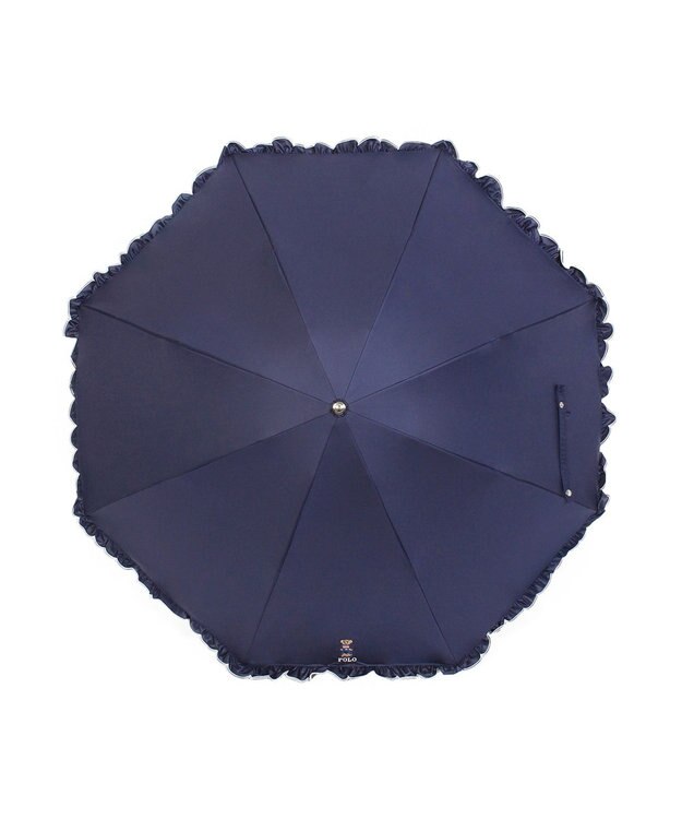 MOONBAT 【WEB限定/遮光率100%/遮熱/UV】POLO RALPH LAUREN（ポロ ラルフローレン）晴雨兼用日傘 ワンポイント ポロベア刺繍 フリル 折りたたみ傘 長折タイプ ディープブルー