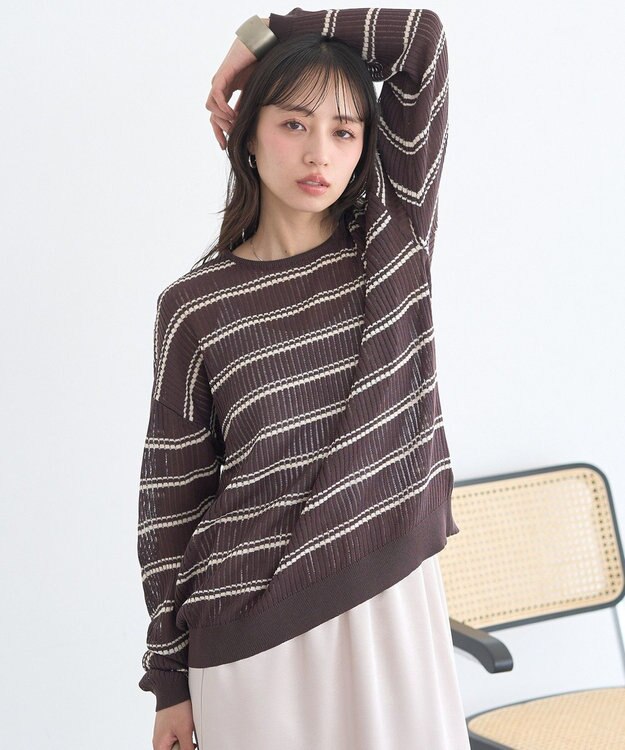 earth music&ecology ボーダーニットプルオーバー Brown
