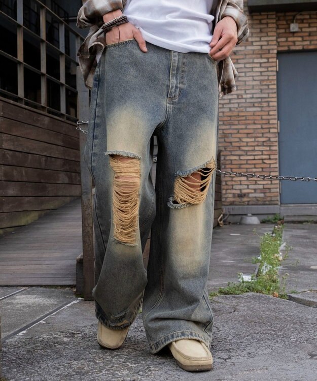 WEGO スーパーバギーダメージデニムパンツ 柄1