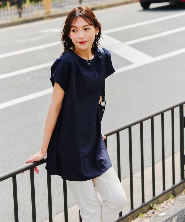 Tiaclasse L 【洗える】シアーコンビチュニックブラウス ネイビー